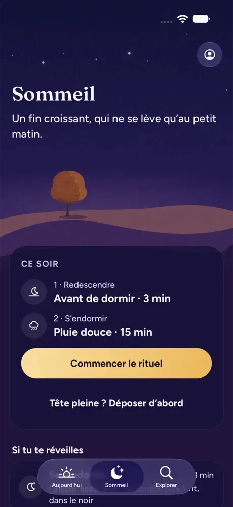 L’écran Sommeil : la lune de ce soir, le rituel en deux temps et le bouton pour le lancer.